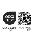 OEKO-TEX Standard 100 label with QR code for certified chemical safety in textiles.