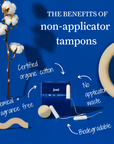 Highlighting benefits of non-applicator tampons: organic cotton, no waste, biodegradable, and chemical-free.