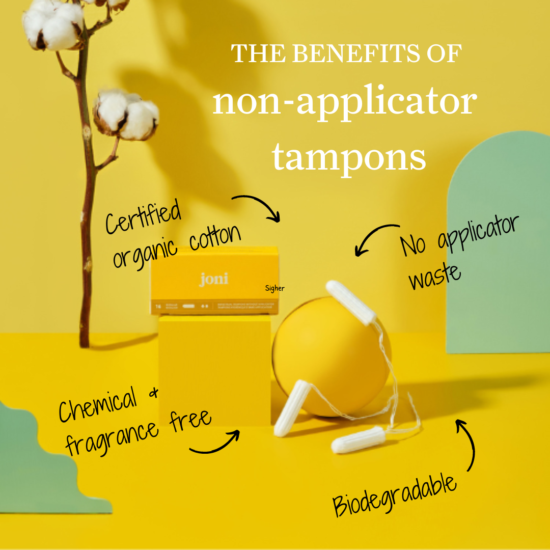 Benefits of joni's non-applicator tampons featuring organic cotton, no waste, and biodegradable packaging.
