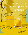 Benefits of joni's non-applicator tampons featuring organic cotton, no waste, and biodegradable packaging.