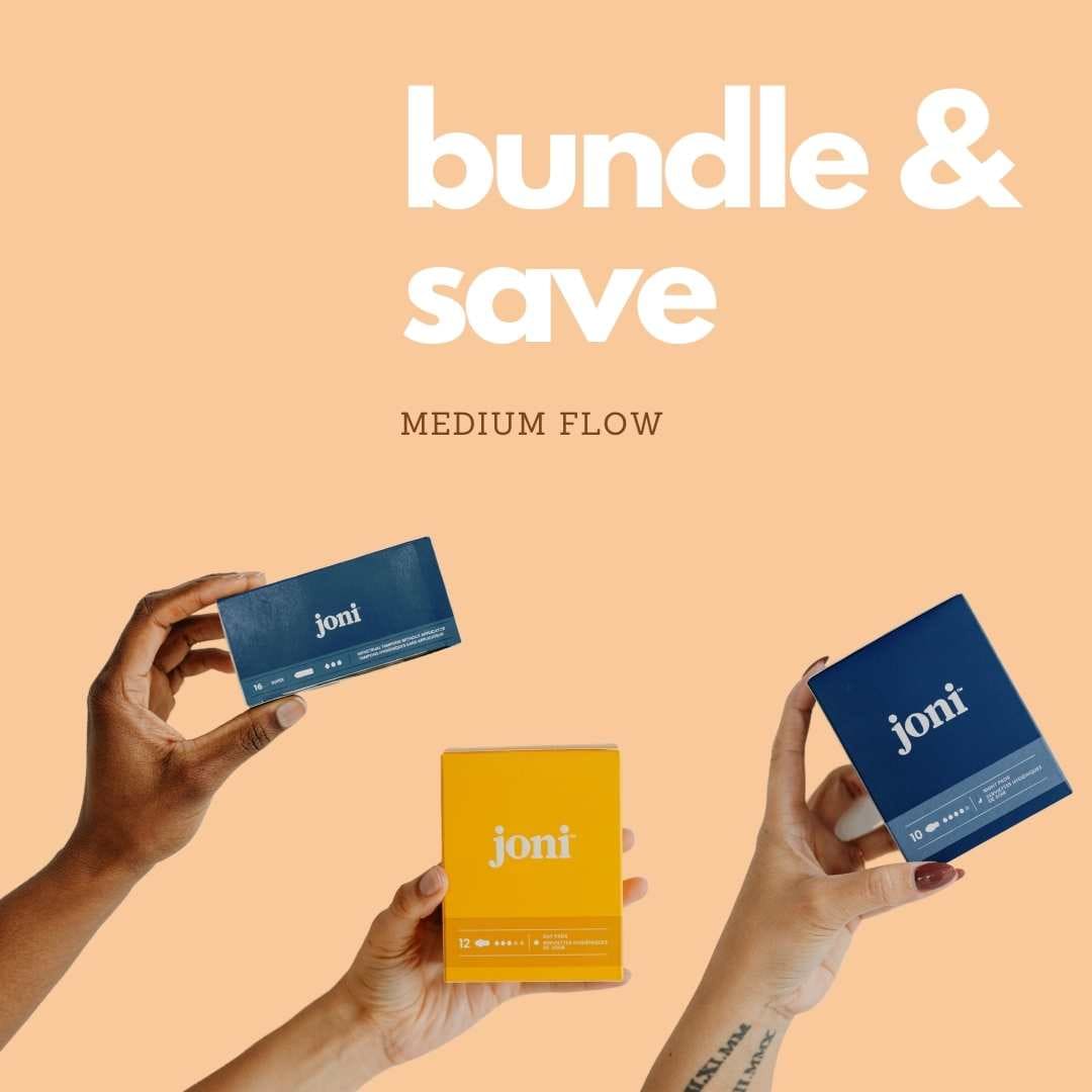 Hands holding Joni period care bundles for medium flow with text 'bundle & save' on a peach background.