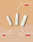 Image of joni tampons showcasing three absorbency levels: Regular, Super, and Super Plus with their respective gram ratings.