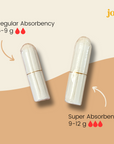 Image of joni tampons showing regular and super absorbency options with absorbency ratings.