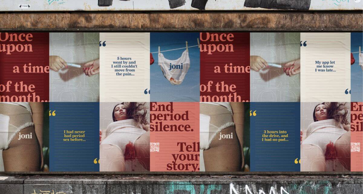 Colorful mural displaying messages about menstruation, encouraging stories and ending period silence.