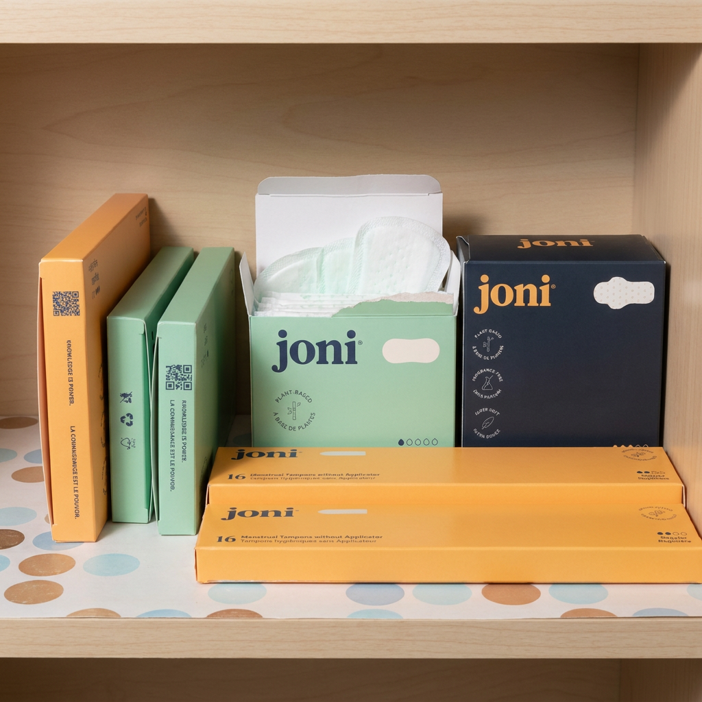 joni tampons, liners and pads in author Annabel Youens' washroom