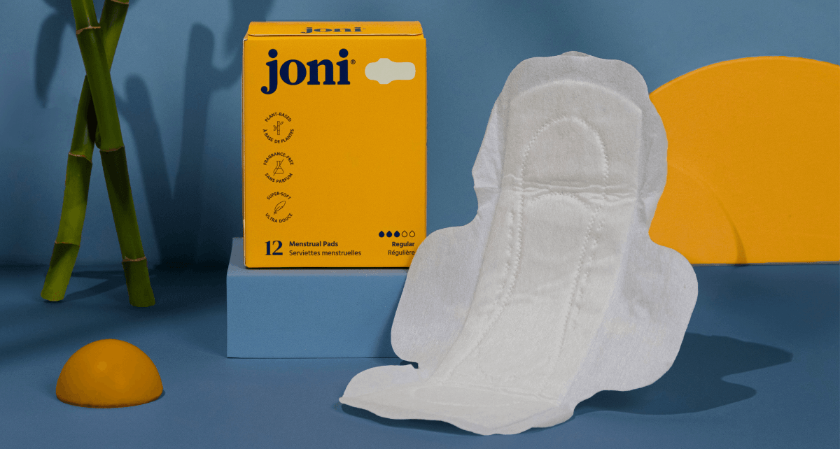 What's inside your pad: joni menstrual pads packaging and product displayed on a colorful background.