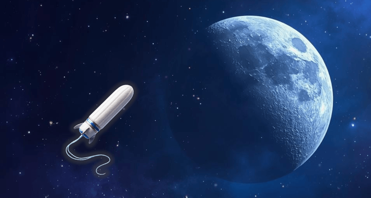 Understanding menstrual cycles with a joni tampon shaped like a rocket heading to the moon