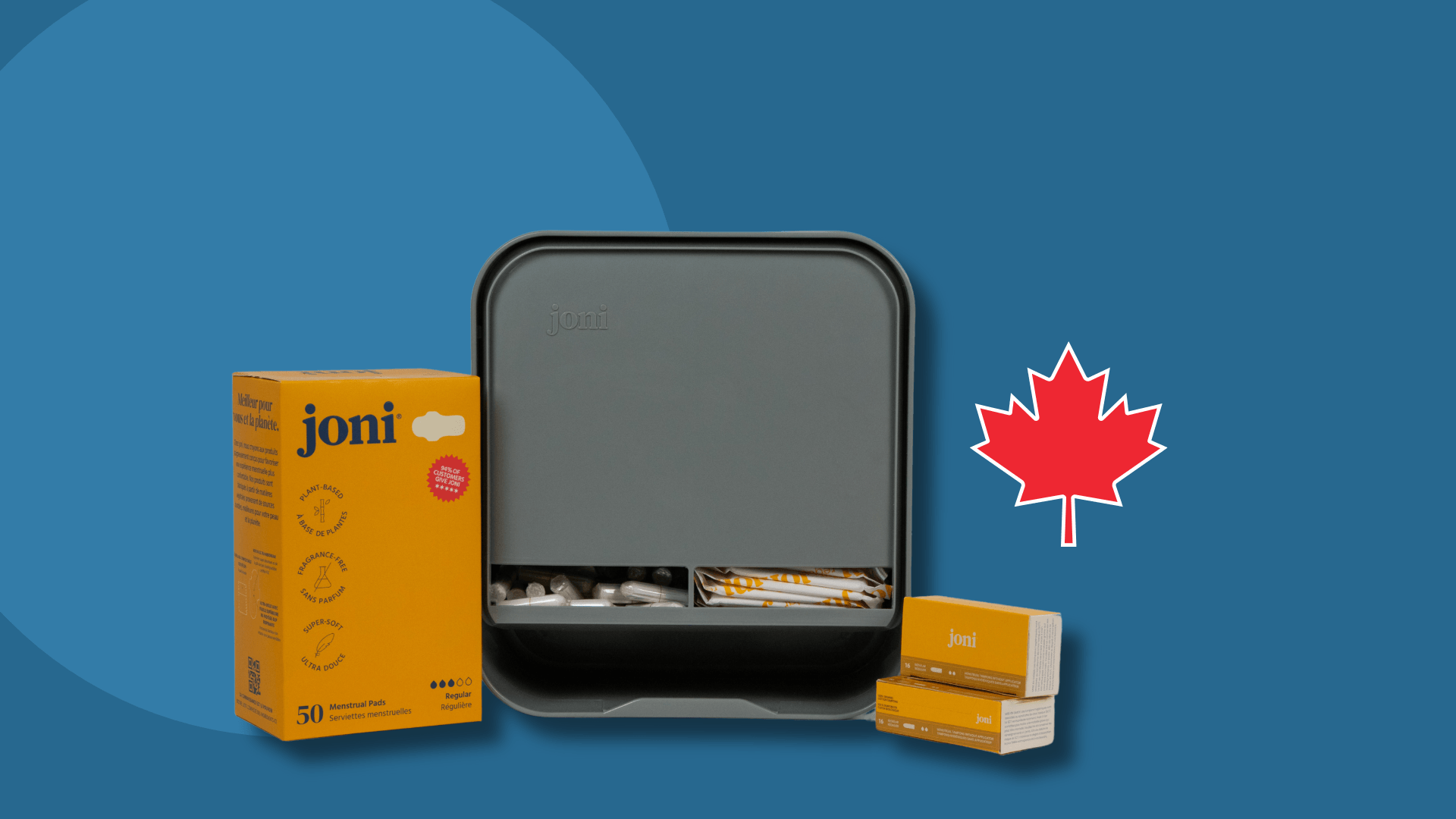 Canadian period care brand joni's period care dispenser with plant-based wholesale products