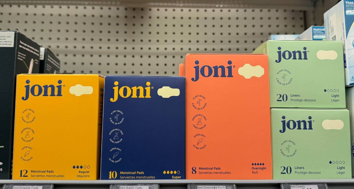 joni plant-based period care products displayed on Walmart shelves in Canada