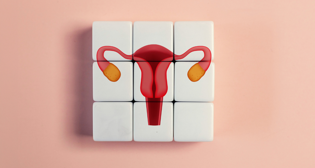 Puzzle tiles put together forming a uterus to represent the ongoing need for ovarian cancer research and screening