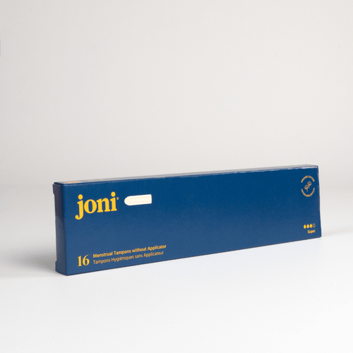 joni super tampons with a plain white background