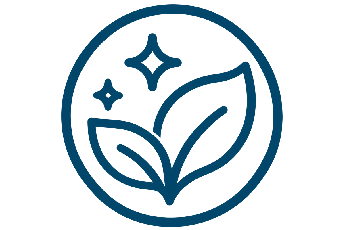 A dark blue circular icon featuring two stylized leaves and two sparkles on a plain white background.